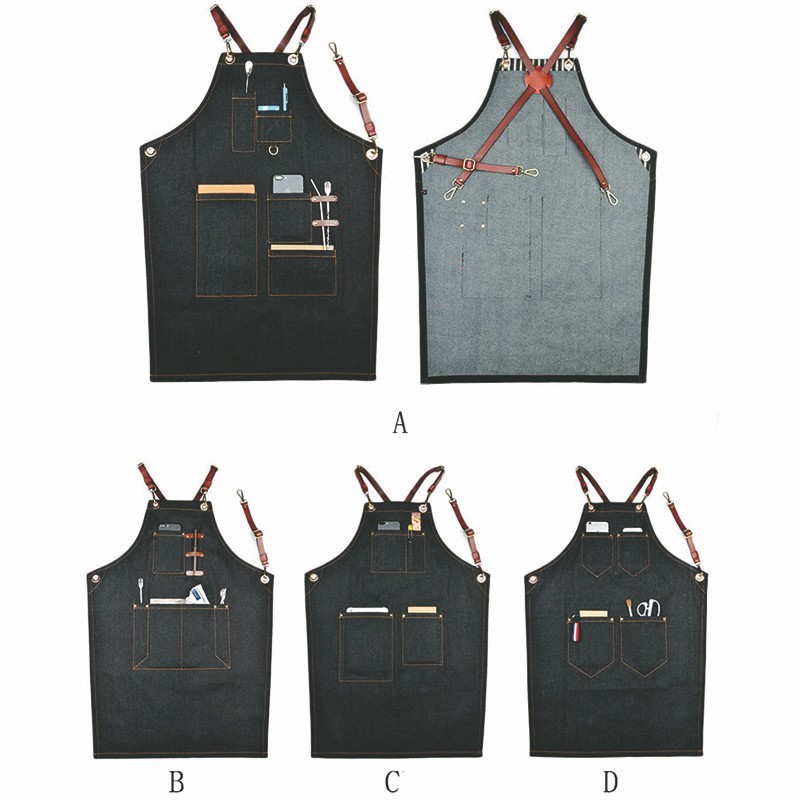 Denim Apron with Cross-back Leather Straps
