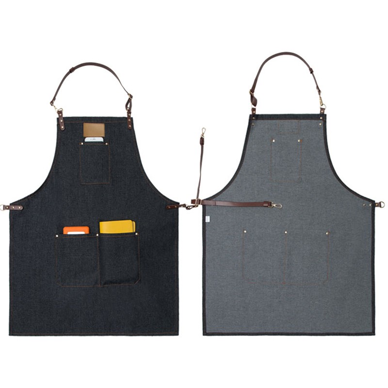 Durable Denim Apron with Adjustable Waist Ties & Leather Neck Strap