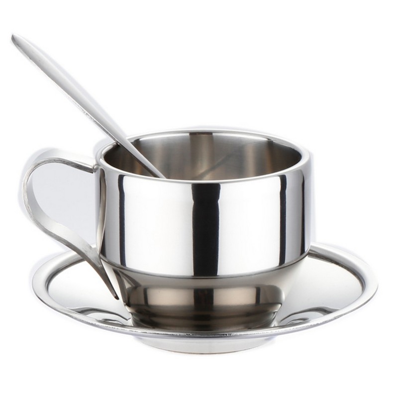 Stainless Steel Double Walled Coffee Cup Set Insulated Espresso Mug With Saucer And Spoon 125ML