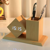 Wooden Pen Holder With Alarm Clock