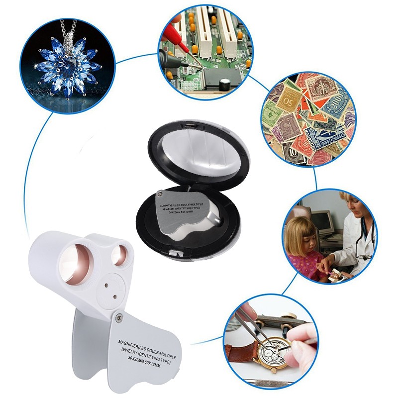 30X 60X Dual Lens LED Illuminated Mini Jewelry Magnifier