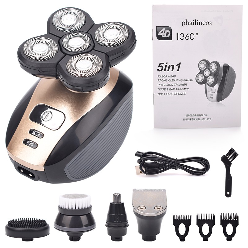 5 In 1 4D Men's Rechargeable Bald Head Electric Shaver 5 Floating Heads Beard Nose Ear Hair Trimmer