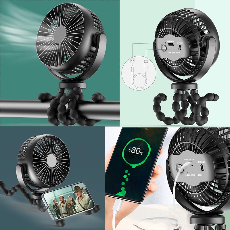 5200 mAh Flexible Tripod Portable Clip Fan
