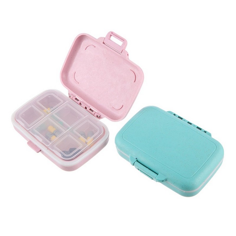 6 Compartments Wheat Fiber Green Portable Folding Pill Box