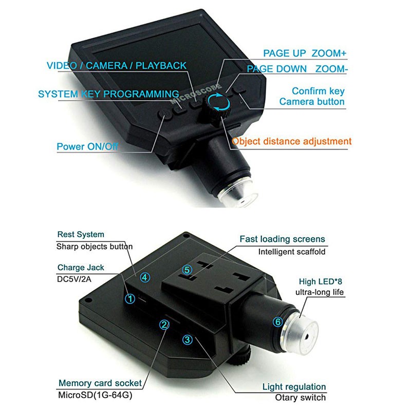 Digital 1-600X Microscope with 3.6MP Camera 4.3in HD LCD
