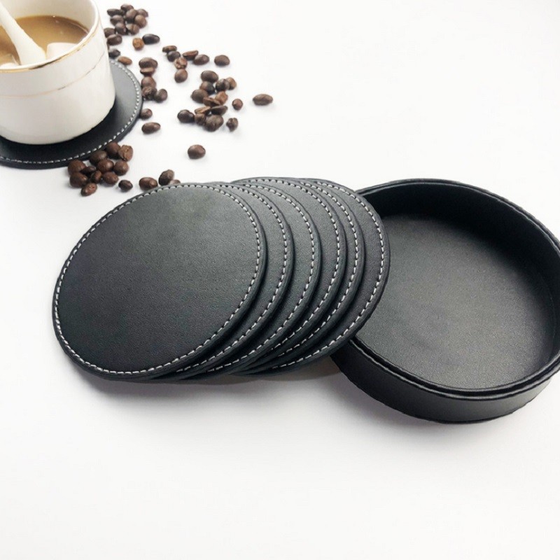Set of 5 Leatherette Coasters w/Holder