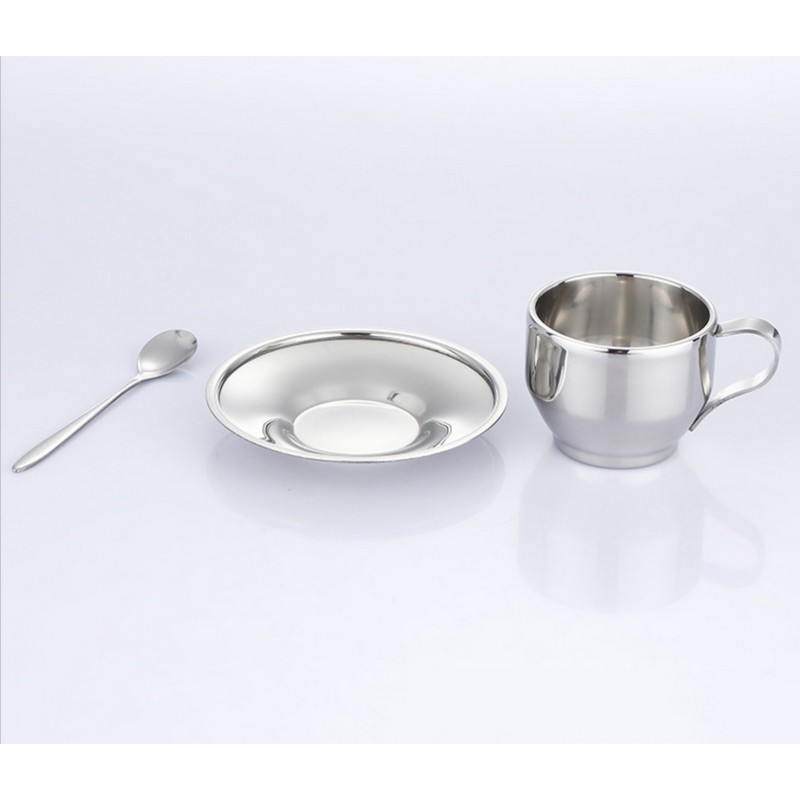 Stainless Steel Double Walled Coffee Cup Set Insulated Espresso Mug With Saucer And Spoon 125ML
